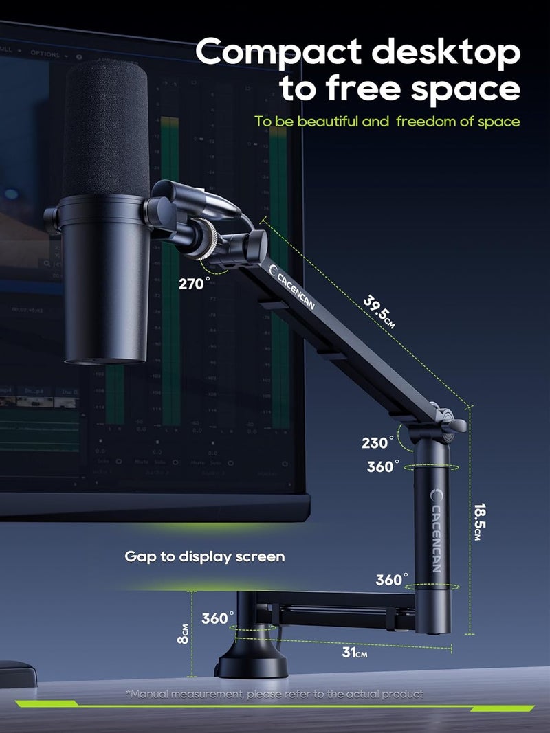 CACENCAN ذراع ميكروفون منخفض الارتفاع، ذراع ميكروفون دوار 360° لحامل ميكروفون Fifine AM8 K669B Blue Yeti HyperX shure sm7b SoloCast AT2020، مع مشبك ميكروفون 3/8" إلى 5/8"، أسود - Image 2